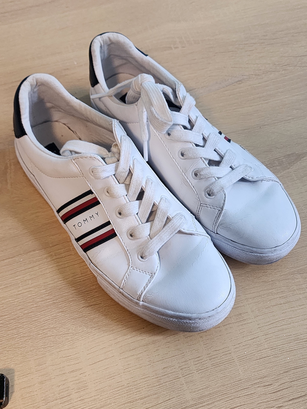 Tommy Hilfiger White Leather Sneakers with Red & Navy Stripe